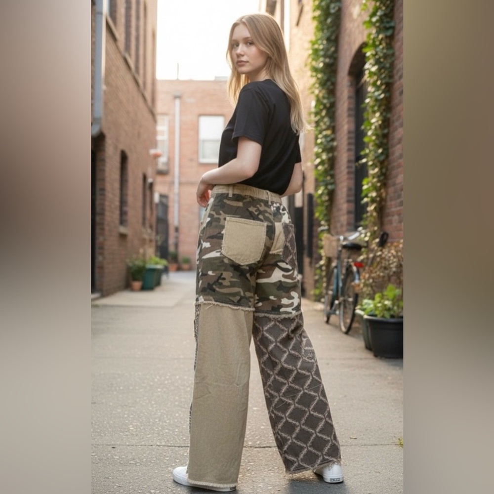 POL Camouflage and Patterned Wide-Leg Pants